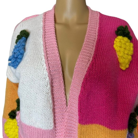 Women Open Knit Sweater Cardigan Medium Pink Orange Colorblock Fruit Embroidery - Picture 8 of 15